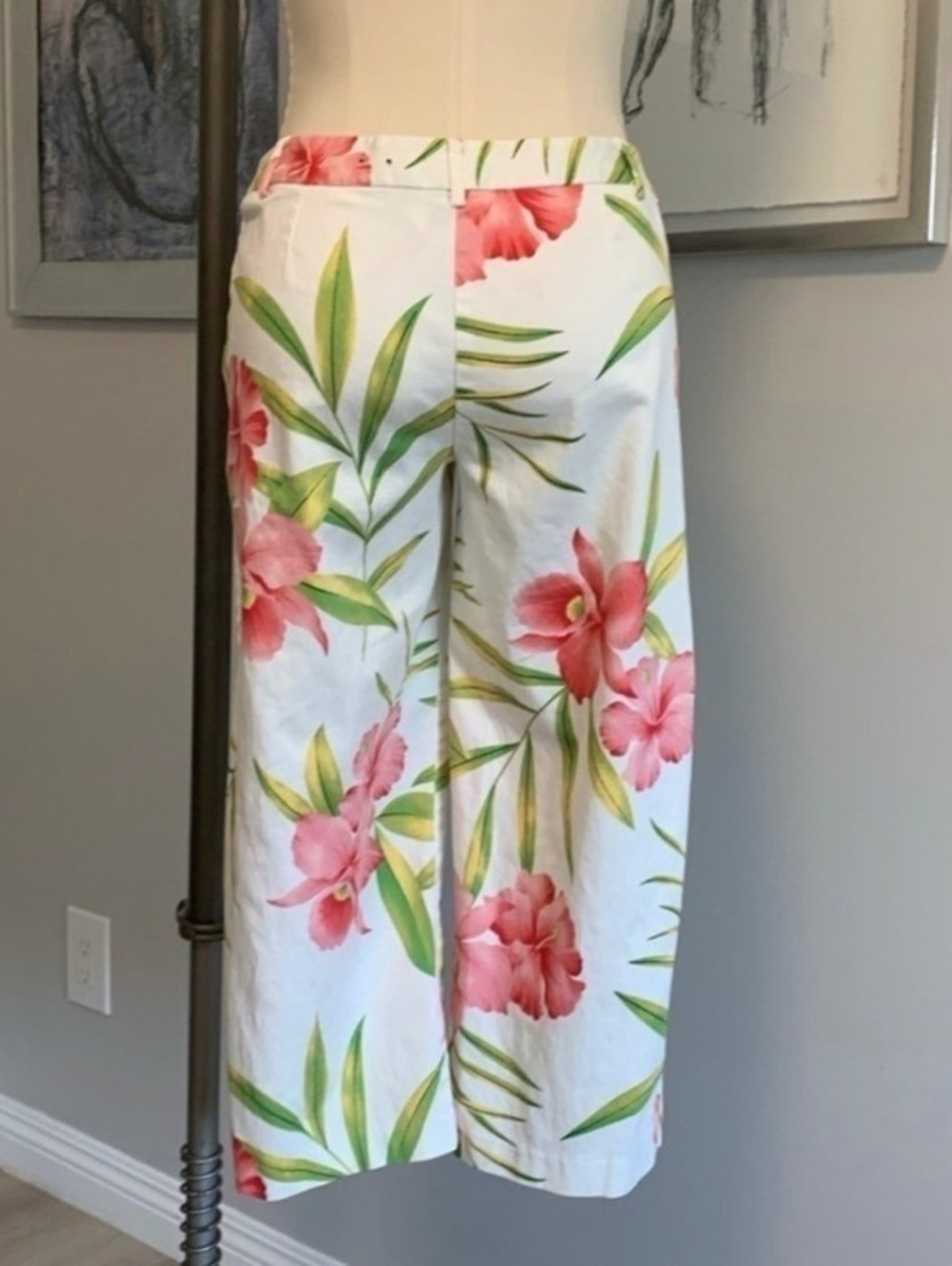 Resortwear George Stretch Tropical Floral Capri Pants Size 10 Cotton Spandex
